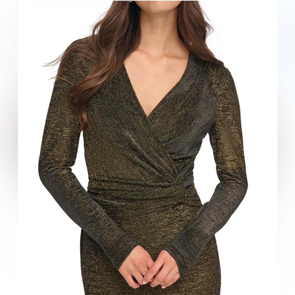 Calvin Klein - metallic faux wrap dress, black and gold